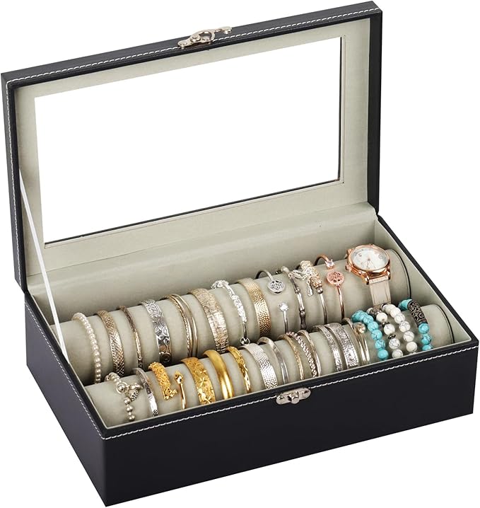 AUTOARK Bracelet & Watch Storage Box with Glass Lid & 2 Anti-Roll Rods,PU Leather Jewelry Case,Soft Lined Locking Organizer for Women,Gift for Dresser & Cabinet Display,Black,MKAW147