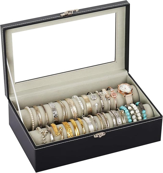 AUTOARK Bracelet & Watch Storage Box with Glass Lid & 2 Anti-Roll Rods,PU Leather Jewelry Case,Soft Lined Locking Organizer for Women,Gift for Dresser & Cabinet Display,Black,MKAW147
