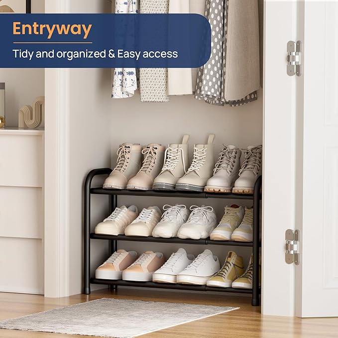 ENJOYBASICS 3 Tier Expandable Shoe Rack for Closet, Free Standing Metal Shoe Shelf Storage Organizer Holder 12 Pairs, Adjustable Width Shoe Rack for Entryway Small Space, Black | Adjustable, for Closet, Shoe Rack Storage, for Small Space, Entryway