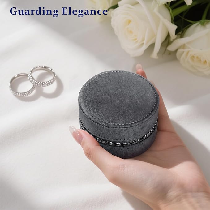 CONBOLA Travel Jewelry Case Small Jewelry Box for Women Girls,Round Velvet Mini Jewelry Travel Organizer,Portable Jewelry Box for Rings Earrings Necklaces Bracelets.(Grey,Small)