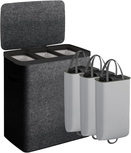 CASAMAYA Laundry Basket with Lid, Laundry Hamper 3 Section, 190L collapsible Laundry Organizer, Easy Assembly,with Handles and Removable Liners, 25.2 x 15.7 x 29.5 Inches, Black JSP904B