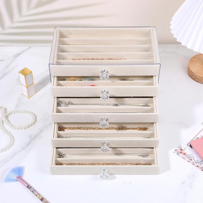 5-Drawer Necklace Organizer Box with Clear Acrylic & Velvet Lining, Beige Necklace Storage Box for Chains, Pendants, Stackable Dustproof Jewelry Holder(9.25 x 5.9 x 6.69 in)