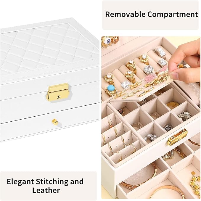 GUOER Jewelry Box for Women Girl Wife - Large PU Leather Jewelry Organizer Storage Case with Two Layers Display for Earrings Bracelets Rings Watches Mother's Day (White)