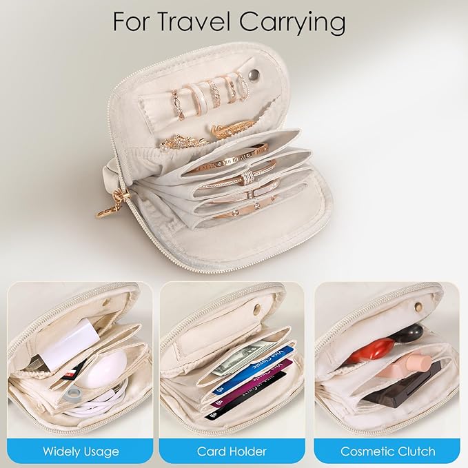 SITHON Small Travel Jewelry Case with Ring Holder, Mini Velvet Jewelry Pouch Bags, Compact Storage Organizer for Bracelet Necklaces Earrings Travel Essentials, Mother’s Day Gifts (Cream White)