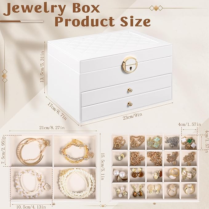 3 Layer Jewelry Boxes for Women with Mirror Large Jewelry Organizer Box with 2 Jewelry Organizer Drawer PU Lockable Elegant Unique Gifts for Women, White