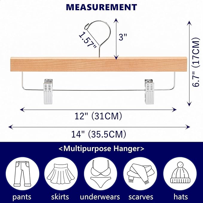 Amber Home 10 Pack Wooden Pants Hangers with Clips, 14" Natural Wood Skirt & Trouser Hangers, Closet Hangers for Jeans, Slacks, Shorts, with 2-Adjustable Clips (Natural, 10)