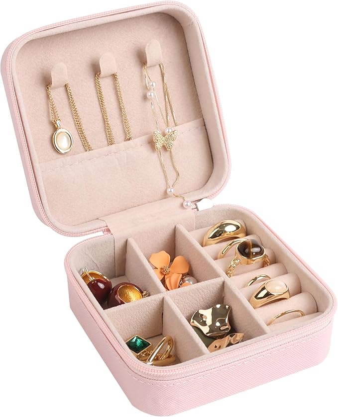 OceeK Travel Jewelry Case Box Organizer,PU Leather Small Jewelry Box,Portable Travel Jewelry Storage Case,Pink,1 Pack