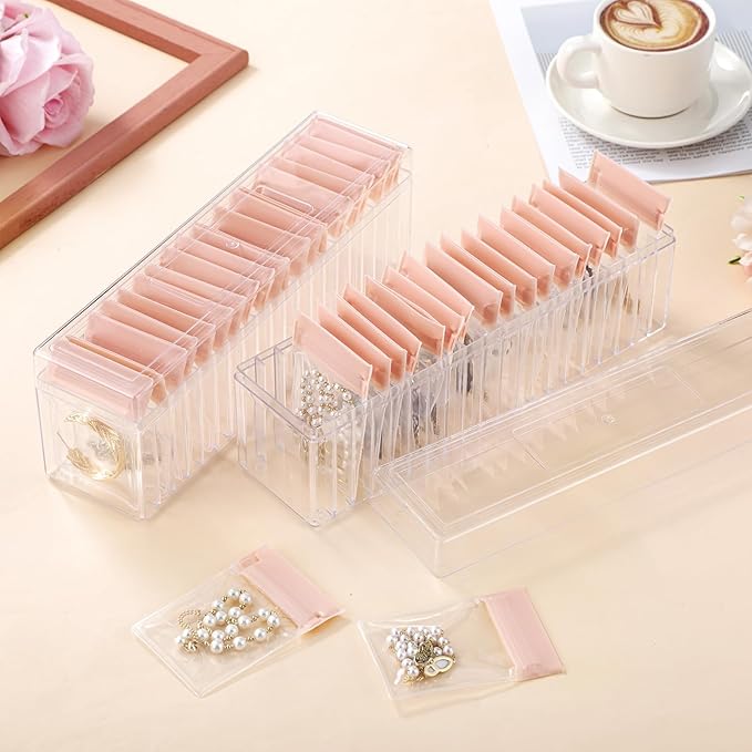 Kenning 42 Pcs Acrylic Jewelry Case Organizer, Clear Jewelry Organizers Holder with Portable Anti Tarnish Storage Bags for Rings, Earrings, Necklaces, Ideal Gifts for Women (Rose Pink)