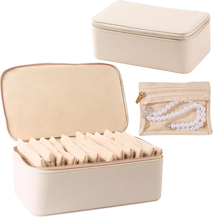 Travel Jewelry Organizer, Travel Jewelry Box with 12 Velvet Zipped Pouches Bags for Jewelries Necklaces Rings Earrings Sorting Storage for Women Girl Gifts, Ivory
