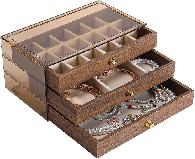 3 Layer Wooden Drawers Jewelry Box Vintage Style Jewelry Organizer with Acrylic Cover, Jewelry Storage Display Box for Ring Earrings Necklace Bracelet Box for Women and Girls(Walnut Color) (A)