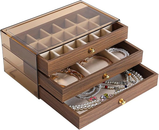 3 Layer Wooden Drawers Jewelry Box Vintage Style Jewelry Organizer with Acrylic Cover, Jewelry Storage Display Box for Ring Earrings Necklace Bracelet Box for Women and Girls(Walnut Color) (A)