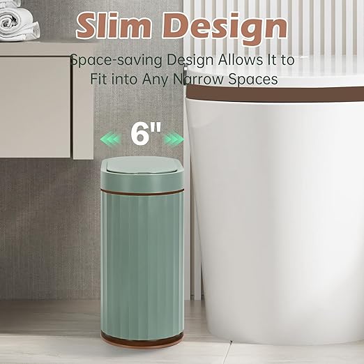 ELPHECO Bathroom Trash Can with Automatic Lid, 2 Gallon Sensor Trash Bin, Smart Garbage Can, IPX5 Waterproof Slim Trash Bin, Motion Sensor Wastebasket for Office, Kitchen, Sage Green Gold