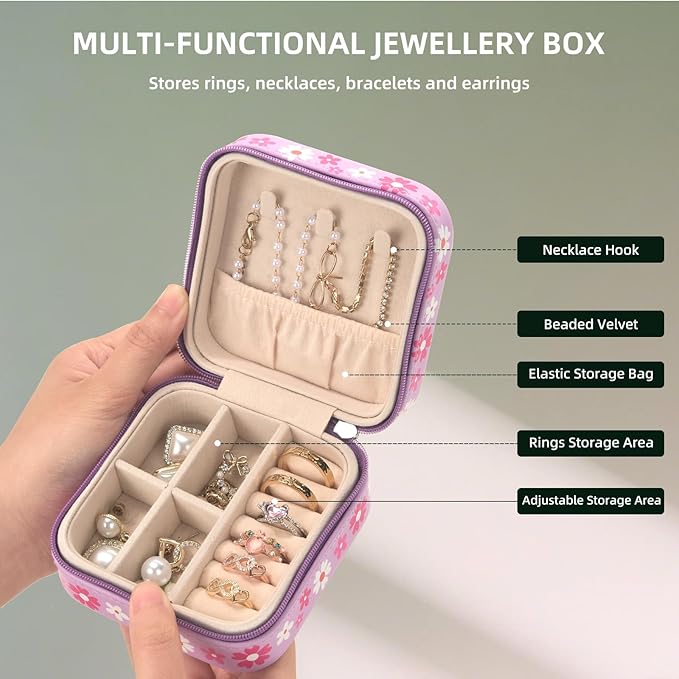 shunmei Mini Travel Jewelry Box,PU Leather Portable Jewelry Organizer Case,Art Accessories Storage Holder Boxes for Earring, Necklace, Rings, Bracelets (Pink Cat)