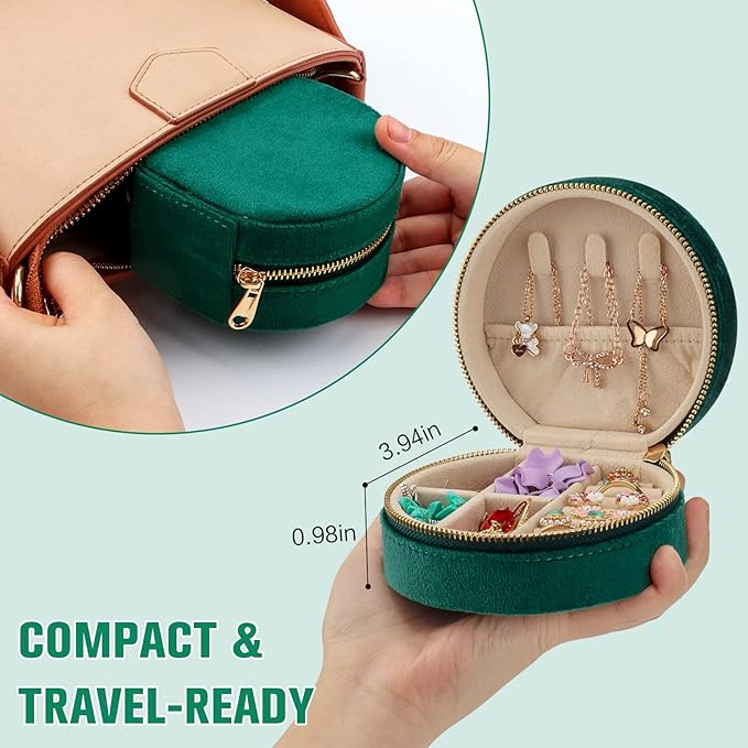 DesignSter Travel Jewelry Box - Velvet Mini Jewelry Organizer, Small Jewelry Case for Girls Women, Jewelry Storage Box for Rings Earrings Necklace (Circular, Emerald Green)