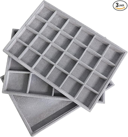 Stratalife Set of 3 Stackable Jewelry Organizer Tray Earring Display Trays Drawer Organizer Inserts Accessory Storage Grey