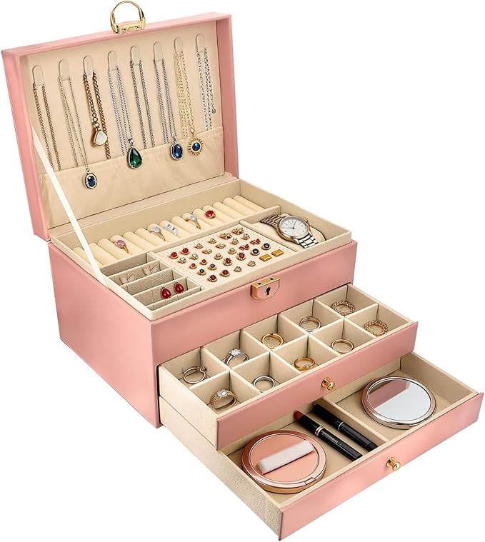 SRTCYDA Jewelry Box for Women, Large PU Leather jewelry organizers and storage, 3-Layer Jewelry Storage with 2 Drawers, Space-Saving Design for Vanity, Holds All Types of Jewelry (Pink)