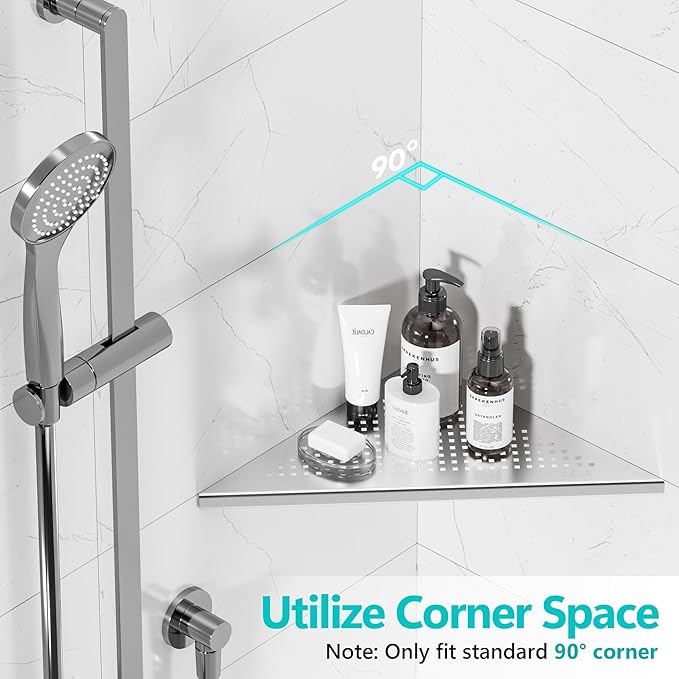 Qeke Bathroom Corner Shelf, Recessed 12" Shower Shelf Caddy, SUS304 Stainless Steel Shelf Wall Mount Triangular, No Drilling, Brushed Nickel