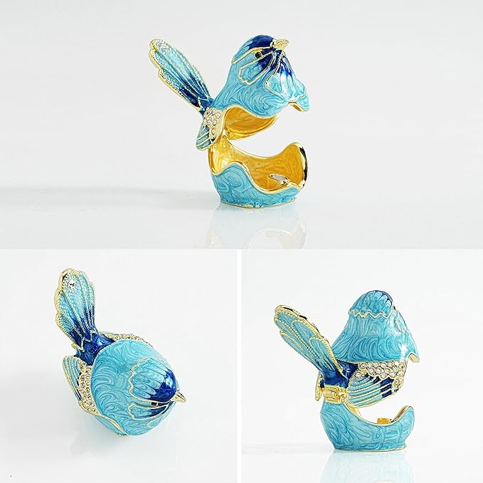 YU FENG Enamel Bird Trinket Box Jewelry Organizer, Hand Painted Decorative Hinged Keepsake Box – Blue Bird