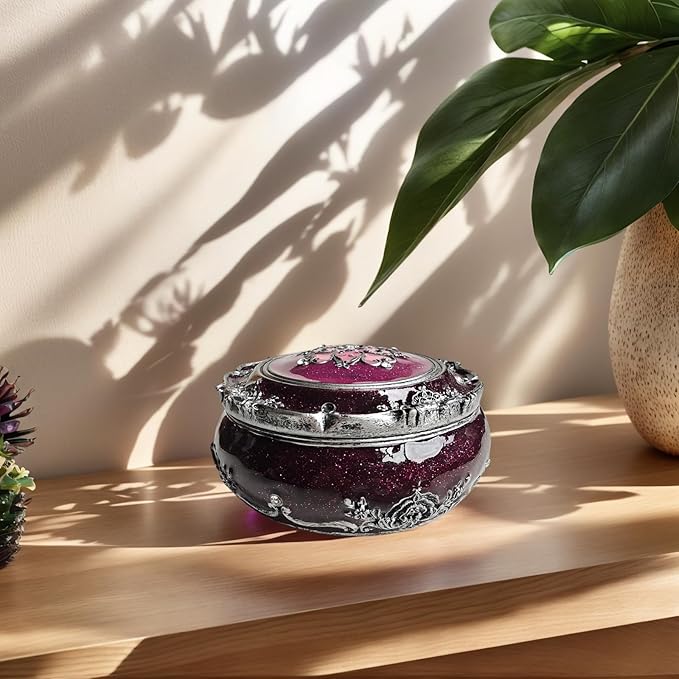 Handcrafted Round Jewelry Box - Vintage Rose Treasure Box with Carved Floral Lid, Elegant Organizer for Rings, Earrings, Necklaces and Bracelets, Romantic Gift for Wedding and Anniversary