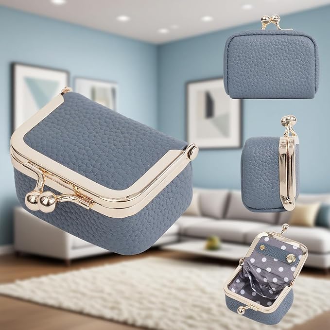 Genuine Leather Mini Jewelry Box & Vintage Wallet for Women - Compact Travel Coin Purse, Lipstick Storage Organizer, Retro Leather Clutch Case (Blue/Mini)