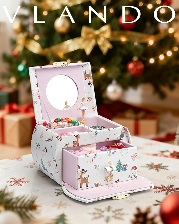 Vlando Kids Musical Jewelry Box for Girls with Drawer, Music Box with Ballerina and Stickers for Birthday Bedroom Decor, Christmas Gifts for Girls Kids - Christmas White