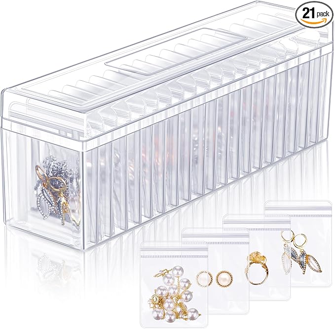 Kenning 21 Pcs Acrylic Jewelry Case Organizer, Clear Jewelry Organizers Holder with Portable Anti Tarnish Storage Bags for Rings, Earrings, Necklaces, Ideal Gifts for Women (Clear)