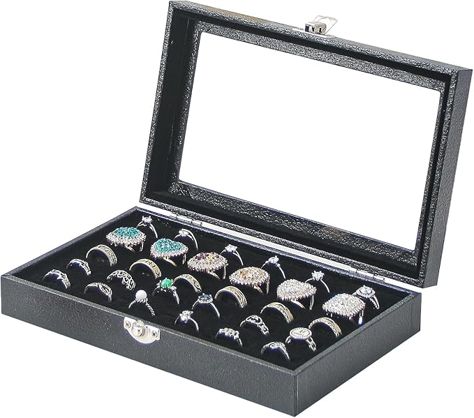 Ring Display Case,Jewelry Ring Organizer Box For Rings,Ring And Earring Holder Box For Girl,Velvet Ring Display Tray (Black, 30 slots)