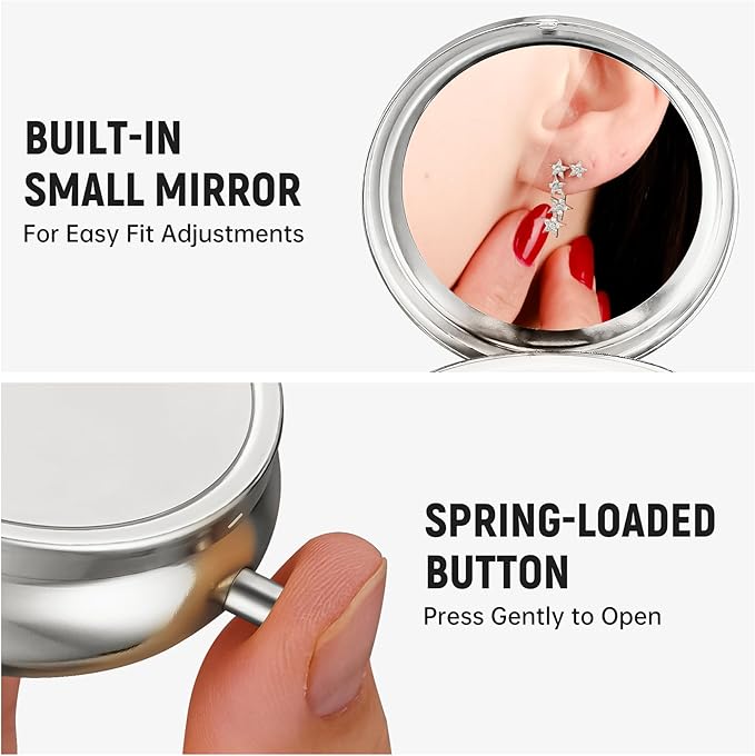 Mini Travel Jewelry Box with Built-In Mirror, Ultra-Portable Jewelry Holder for Rings, Necklaces, Earrings, Pills, Tea Bags, Small Accessories, Press-to-Open Multifunctional Storage (Silver)