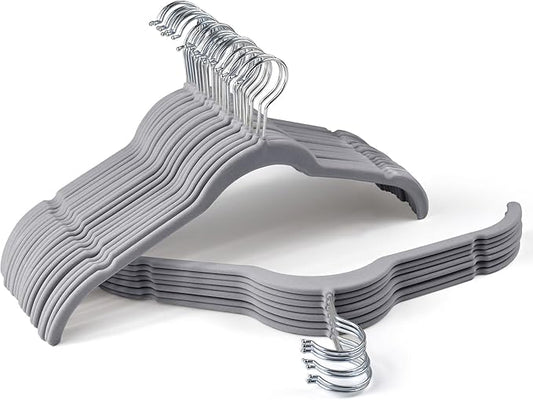 Sishynio Premium Velvet Shirt Hangers 30 Pack, Space-Saving Non-Slip Felt Hanger with 360° Swivel Hook, Slim Flocked Hangers for Strappy Dresses, Blouses, Tank Tops(Grey)