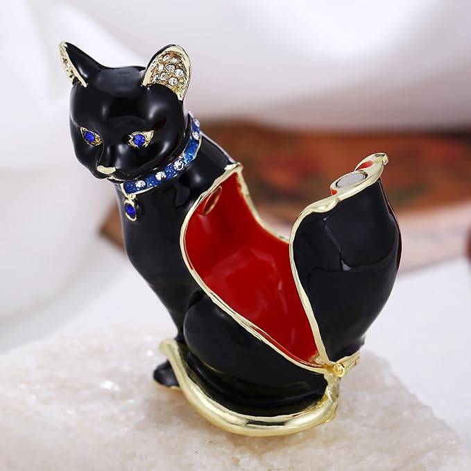 Hand Painted Animal Trinket Box for Home Decor, Hinged Jewelry Organizer Storage, Unique Personalized Collectible Keepsake Figurine Handmade Decorative Ornament Gifts (Black Cat)