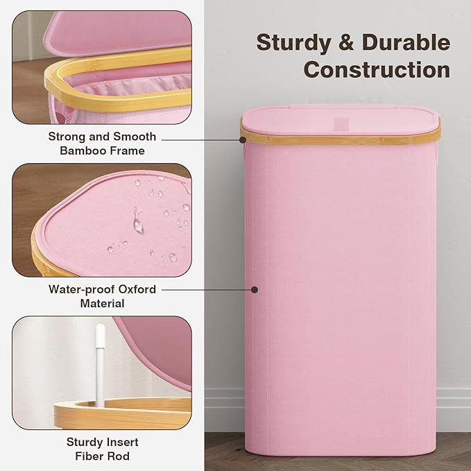 Bathola 75L Slim Laundry Hamper with Lid, Dirty Clothes Hampers for Laundry, Collapsible Laundry Baskets for Small Spaces, Bedroom, Bathroom, Laundry Room, Pink
