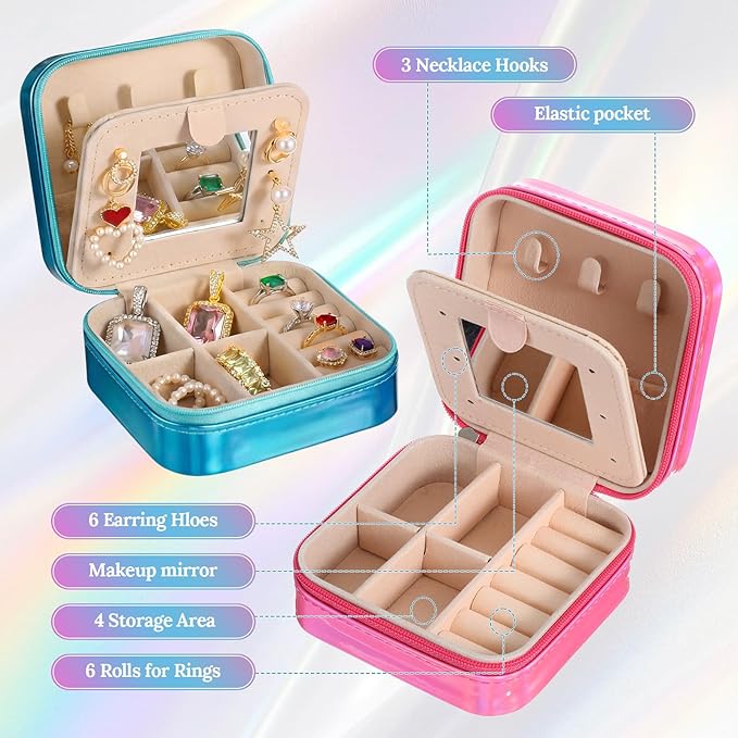 Nosiny 2 Pack Travel Jewelry Case with Mirror Small Laser Jewelry Box Organizer Gifts for Mother's Day Women Rings Earrings(Rose Red and Dark Blue)