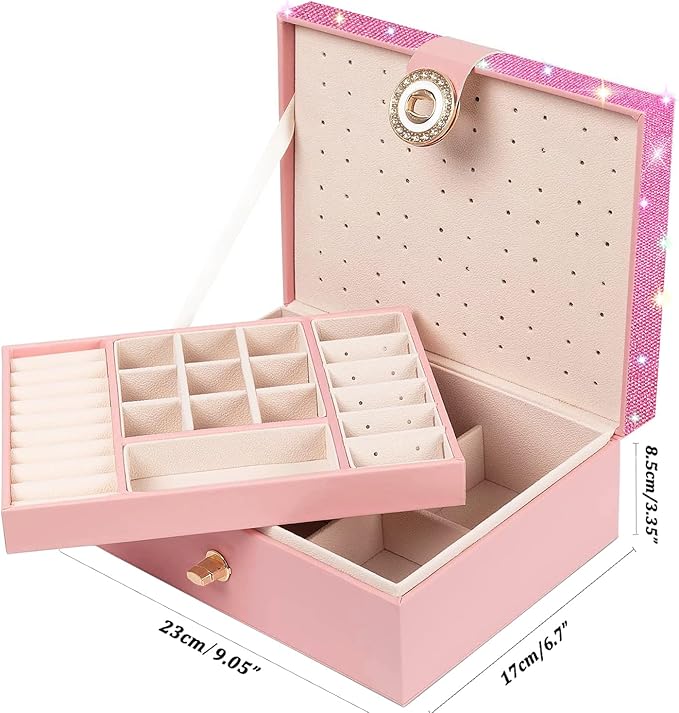 QBestry Jewelry Box for Earrings for Girls Jewelry Organizer Box Earring Holder Organizer for Girl Earring Box Jewelry Box Stud Earring Organizer for Girls Earring Jewelry Boxes for Women Pink Bling
