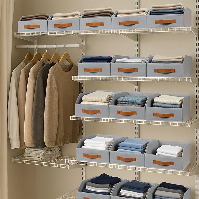 Homsorout Fabric Storage Bins for Organizing - 10 Pack Large Trapezoid Collapsible Storage Bins with Front Handle, Closet Organizers and Storage for Bedroom, Home Shelves, Small Spaces, Grey