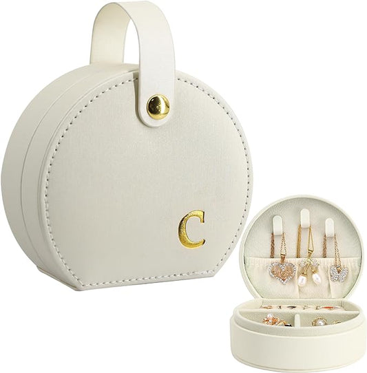 COLLECTIVE HOME - Travel Jewelry Case, Elegant Half-Moon Design with Gold Monogram, Detachable Handle, Personalized Accessory Organizer, Gift for Fashion-Forward Women and Teens (c)