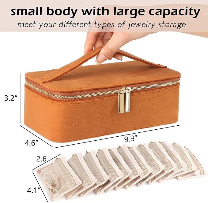 HofferRuffer Jewelry Box Organizer for Women Girls, Travel Jewelry Case with 12 Portable Zipper Bags, Jewelry Storage Ideal for Travel & Home Organization (12pcs-Brown Velvet)