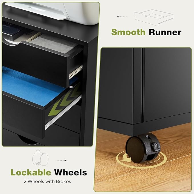 7 Drawer Mobile File Cabinet Under Desk Storage Organization with Wheels Vertical Filing Chest Rolling Wood Small Desk Printer Stand for Home, Black