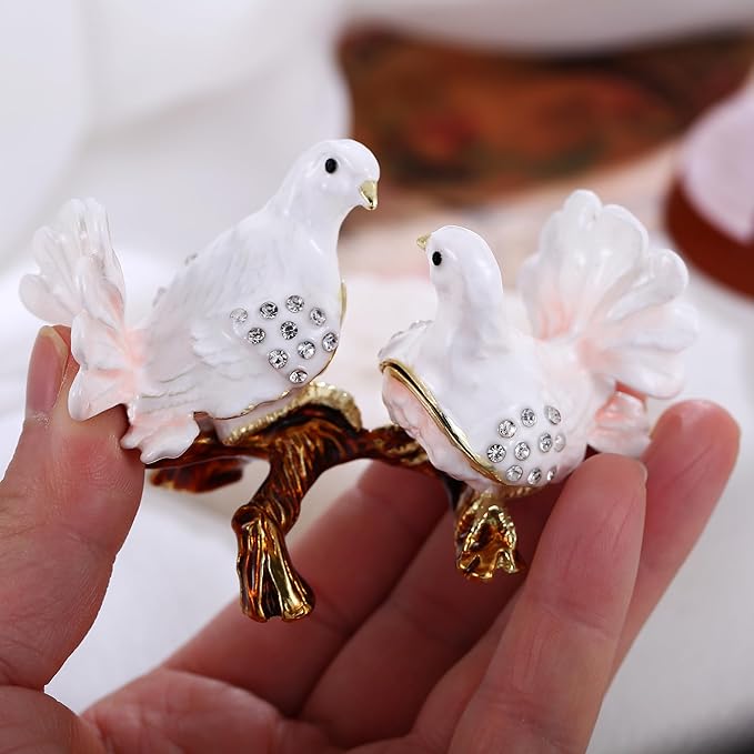 Hand Painted Animal Trinket Box for Home Decor, Hinged Jewelry Organizer Storage, Unique Personalized Collectible Keepsake Figurine Handmade Decorative Ornament Gifts (Dove Couple)
