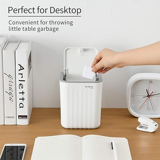 SUBEKYU 0.6 Gal Mini Desktop Trash Can with Lid, Small Square Countertop Garbage Bin, Plastic Tiny Tabletop Wastebasket for Office/Kitchen/Coffee Table, White