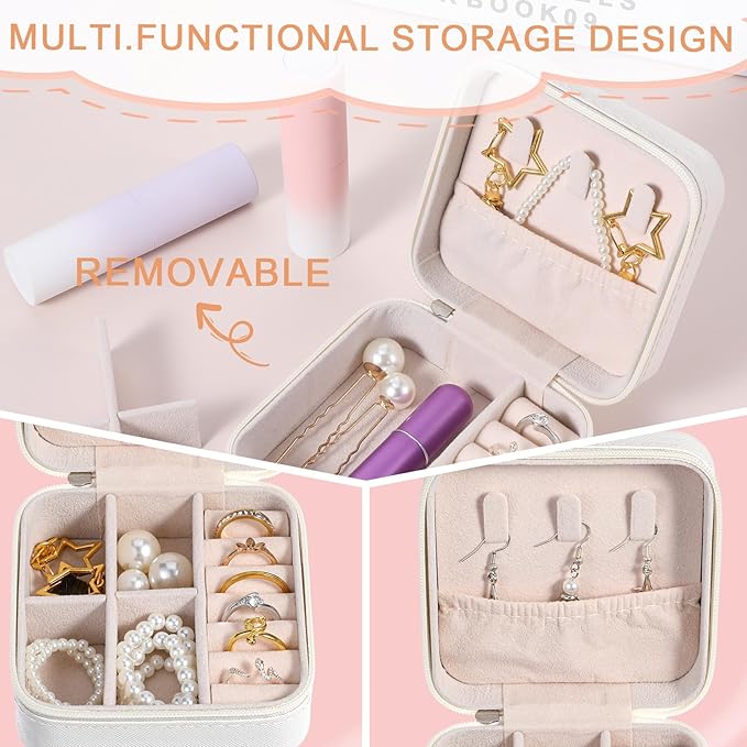 Kifmurase 8PCS Travel Jewelry Case, Small Portable Bridesmaid Jewelry Gift Box, PU Leather Jewelrys Case Organizer Storage for Rings Earrings Necklaces, Women Girls Bridesmaid Proposal Gifts(Beige)