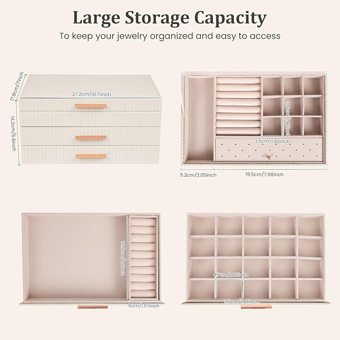 Dajasan Jewelry Box Organizer, 3-Tier Jewelry Storage Organizer with 2 Drawers, Large Jewelry Boxes for Women, PU Leather Surface with Texture, Gift Idea, Modern Style (Beige)