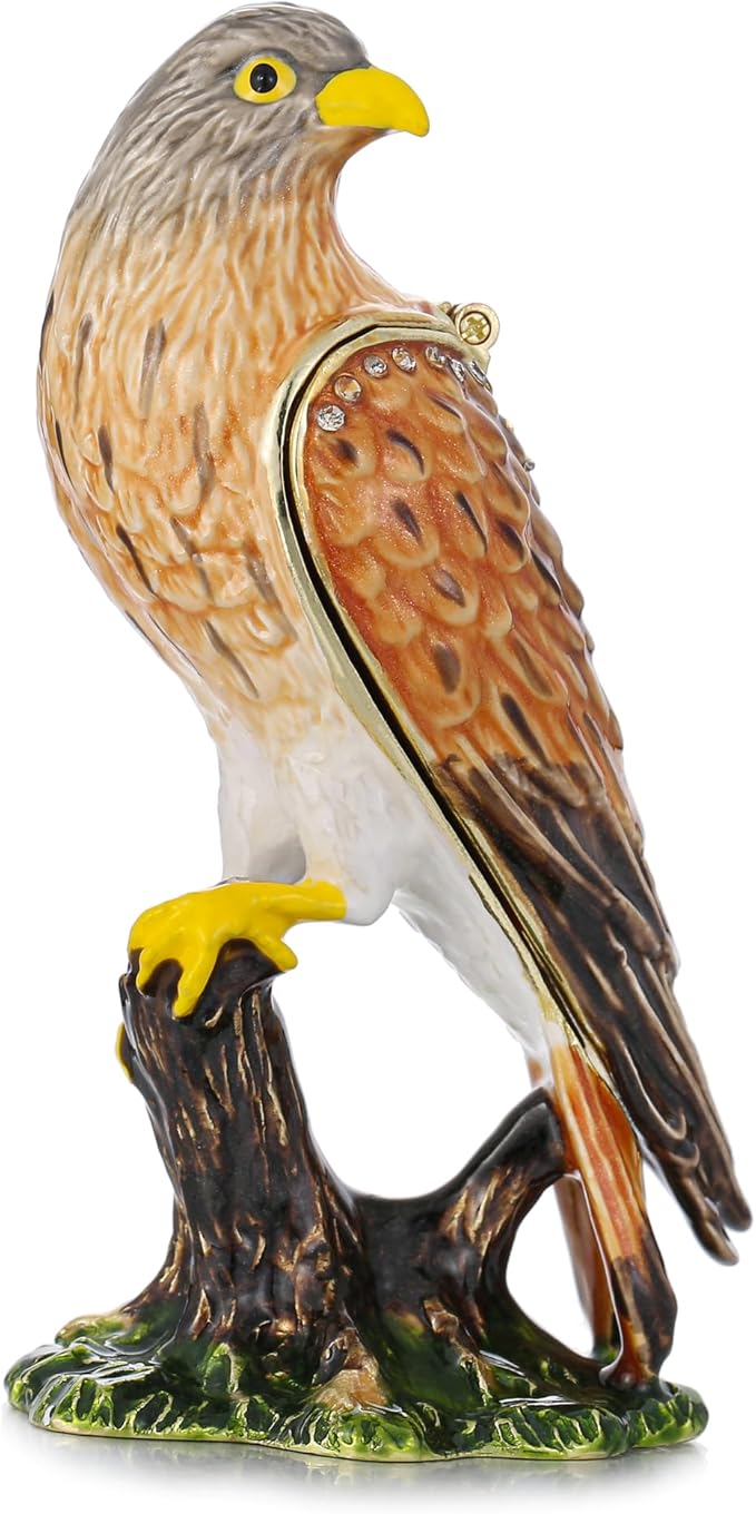 Hand Painted Animal Trinket Box for Home Decor, Hinged Jewelry Organizer Storage, Unique Personalized Collectible Keepsake Figurine Handmade Decorative Ornament Gifts (Kestrel)
