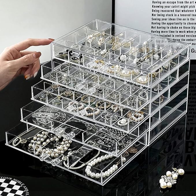 YUFONG Jewelry Boxes Earring Storage Box Organizer 5 Drawers Jewelry Organizer Acrylic Jewelry Storage Box Holder Compartment Transparent Display Storage Case Gift for Women Girls (84 Girds)