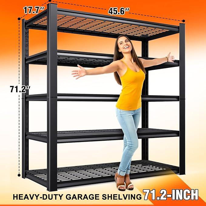 2 Pack-46 ''W Storage Shelves, 71‘’H Garage Shelving, Adjustable Garage Shelves, 3000lbs Heavy Duty Shelving ,5 Tier Garage Storage Shelves,Easy-To-Install Metal Shelf Storage Rack Shelving Unit