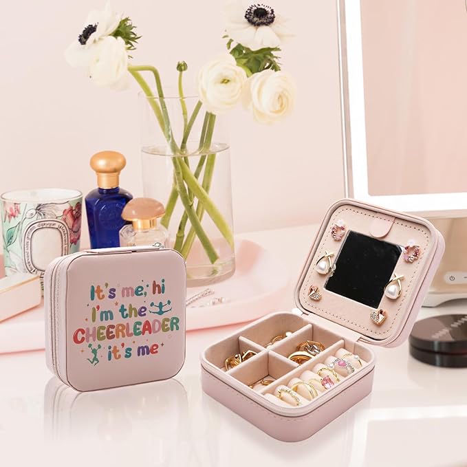 Cheerleading Gifts Jewelry Box for Women, Gifts for Cheerleaders Women Friends, Cheer-leading Gifts Stuff Accessories, Small Travel Jewelry Case Organizer for Cheer Team