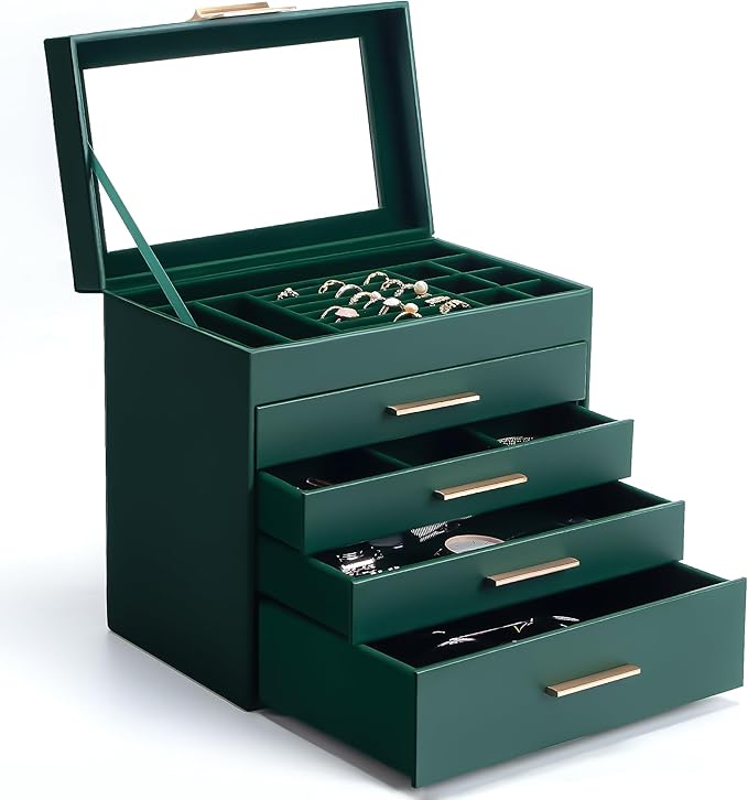 Somduy Jewelry Box, 5 Layers Jewelry Storage Display Box with Glass Lid for Women, 4 Drawers,Large Capacity for Necklace Earrings Bracelets Rings, Green
