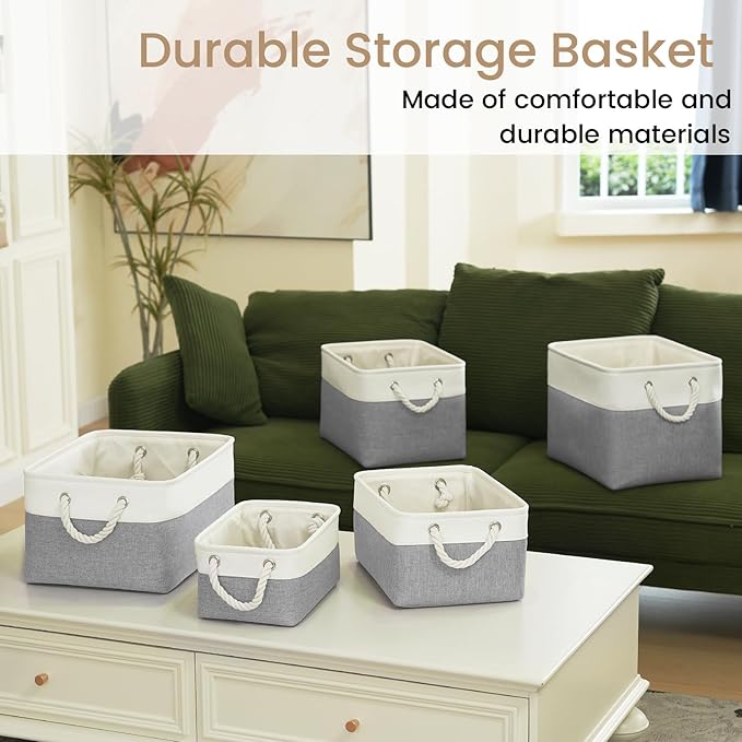 Storage Baskets for Shelves 13.8x9.8x6.7 Inch, Foldable Fabric Storage Bins with Handles, Small Storage Baskets for Organizing Closet, Office, Home Organization (1-Pack, White&Gray)