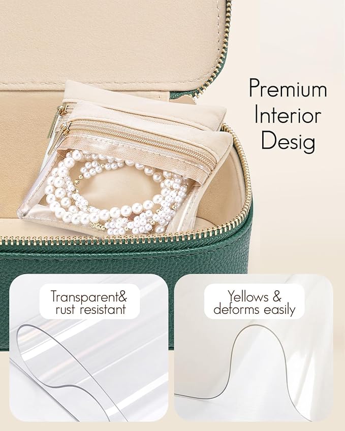 VLANDO Jewelry Travel Case,Travel Jewelry Organizer with Clear Velvet Jewelry Bags 12Pcs Zipper Pouch for Women Girl Gift-Green