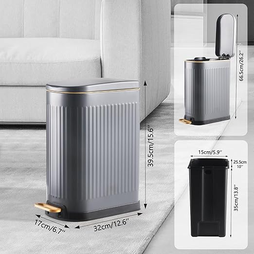 SYNCVIBE Slim Bathroom Trash Can with Soft Close Lid Stainless Steel Garbage Can Step Trash Bin with Removable Inner Bucket for Bedroom, Office, Kitchen (Matt Grey, 3.5 Gallons)