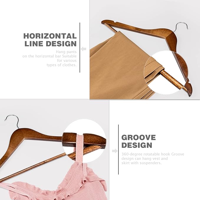 HOUSE DAY Wooden Hangers 30 Pack, Solid Wood Coat Hanger Heavy Duty, Smooth Finish Bulk Wood Hangers, High-Grade Wooden Clothes Hanger with Non Slip Pant Bar, 360° Swivel Hook